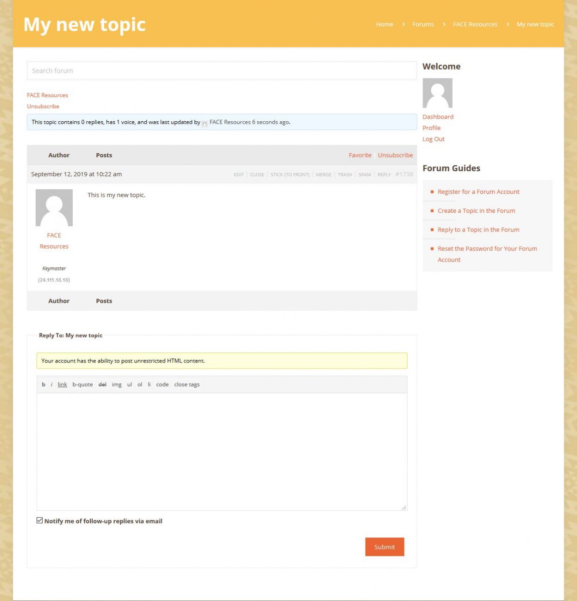 Create a Topic in the Forum - Step 2 Result: The topic page with a reply form.