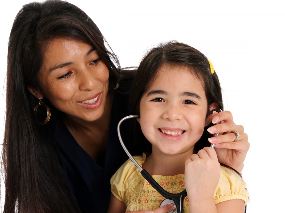 A female nurse with patient set on a white background